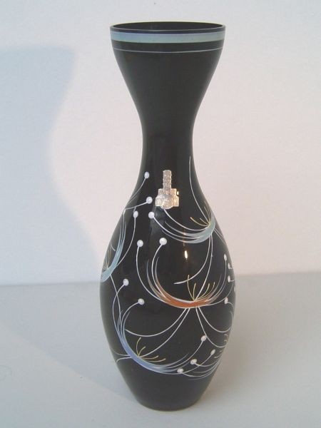 Große Schwarzglas-Vase mit Emailbemalung