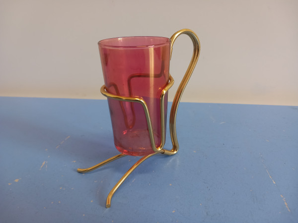 Brezelhalter – rosa Glas und messingfarbenes Metall, 50er-Jahre