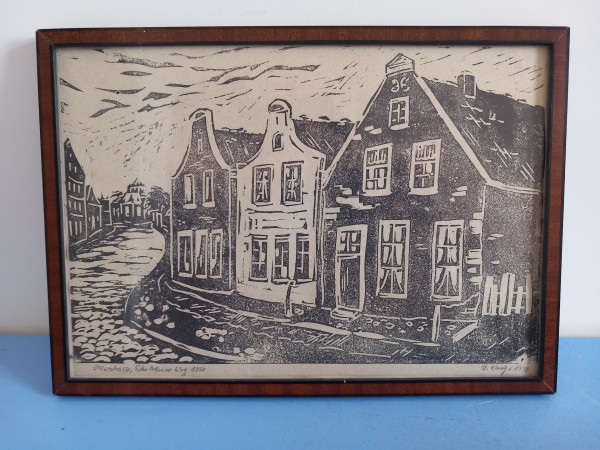 Uwe Karge Holzschnitt „Osterstraße, Ecke Neuer Weg 1850“ Norden 1978 gerahmt
