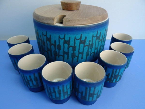 Dümler & Breiden Punch Bowl with Eight Cups 1960s 1970s Fat Lava Blue Turquoise