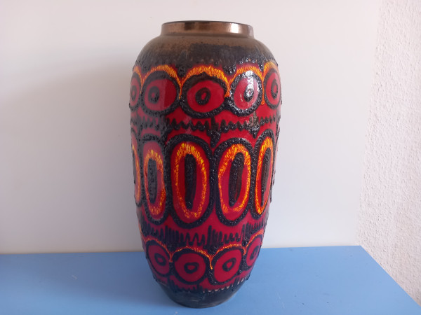 Scheurich Fat Lava Floor Vase 566/52 Red Black Orange 1970s