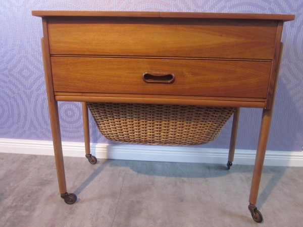 Danish Modern sewing table teak cabinet with sliding basket 50s 60s mid-century