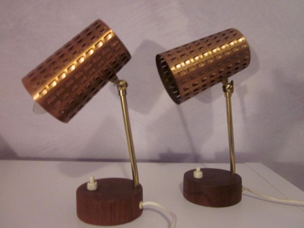 Two teak copper bedside lamps table lamps 50s