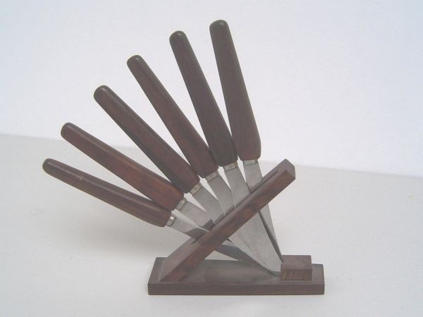 Six rosewood fruit knives with stand